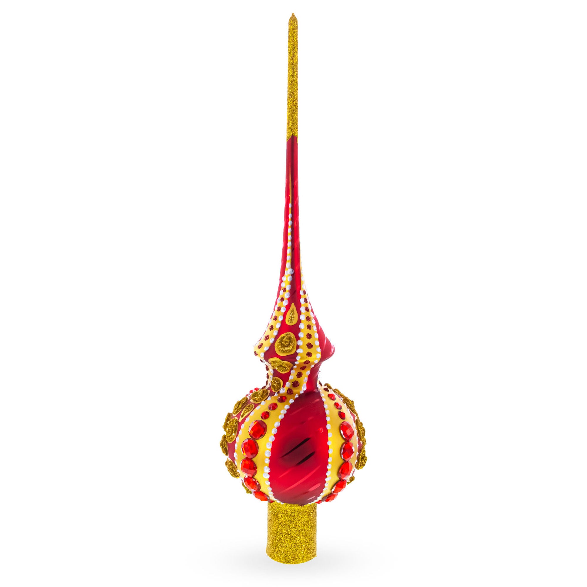 Dimensional Red Jewels on Golden Spirals Glass Christmas Tree Topper 11 Inches in Red color Triangle