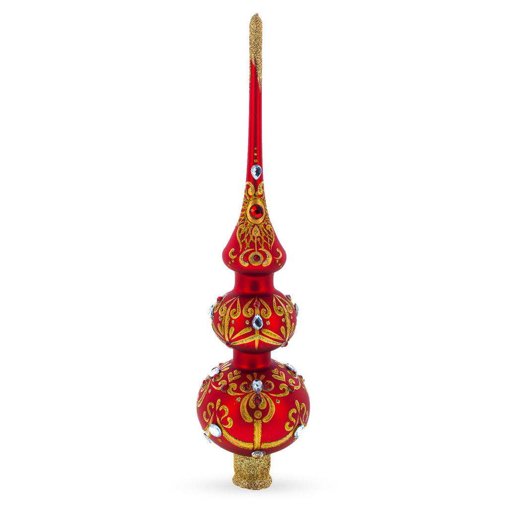 White and Red Jewels with Golden Trellis on Red Glass Christmas Tree Topper 12.5 Inches in Red color Triangle