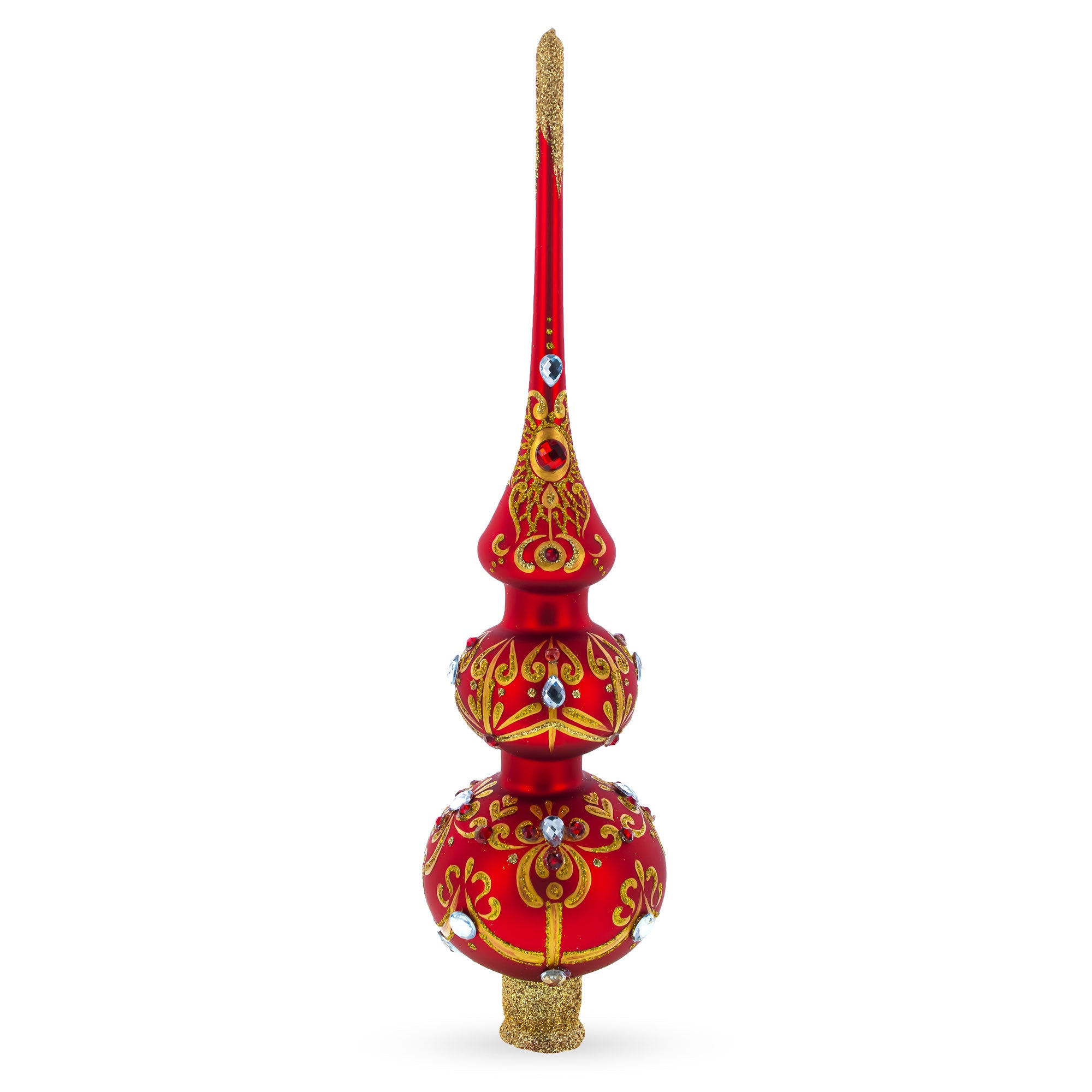 White and Red Jewels with Golden Trellis on Red Glass Christmas Tree Topper 12.5 Inches in Red color Triangle