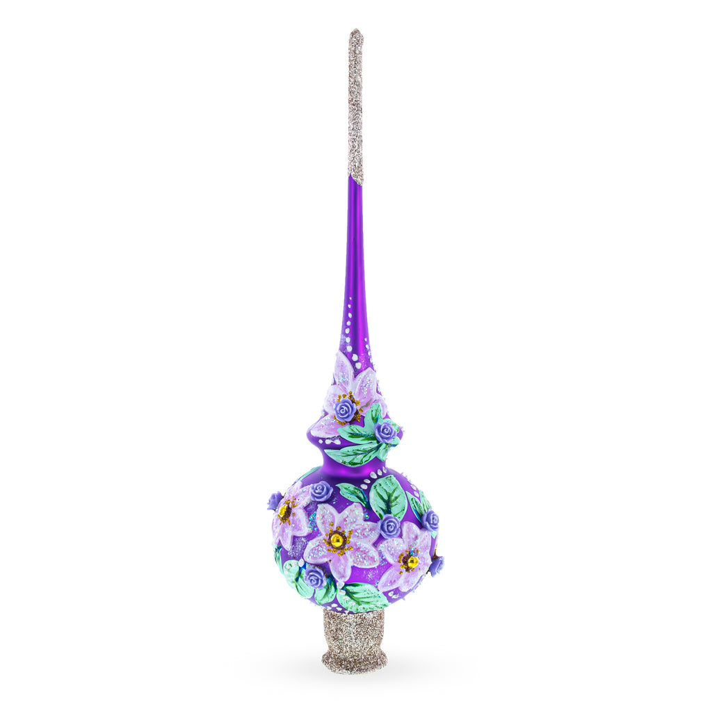 Dimensional Roses on Purple Mouth Blown Glass Christmas Tree Topper 11 Inches in Purple color Triangle