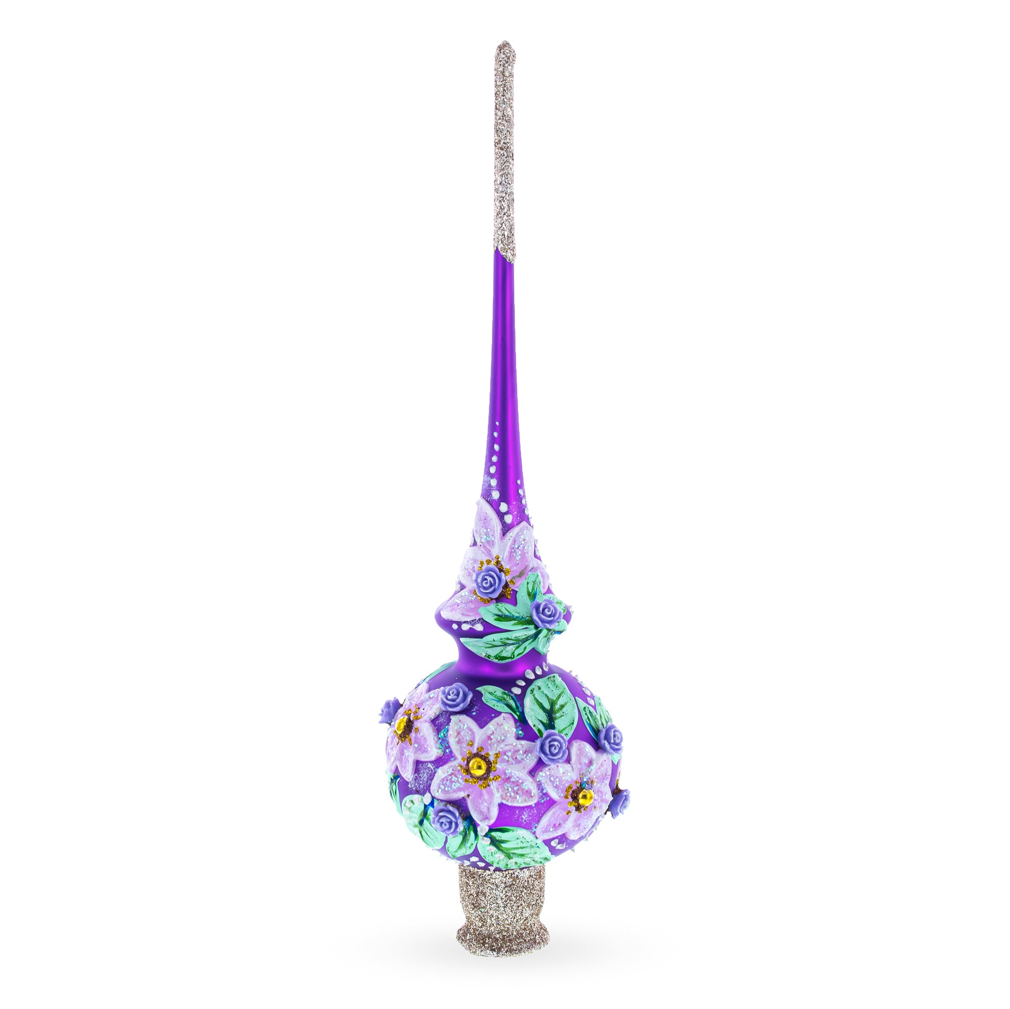 Dimensional Roses on Purple Mouth Blown Glass Christmas Tree Topper 11 Inches in Purple color Triangle