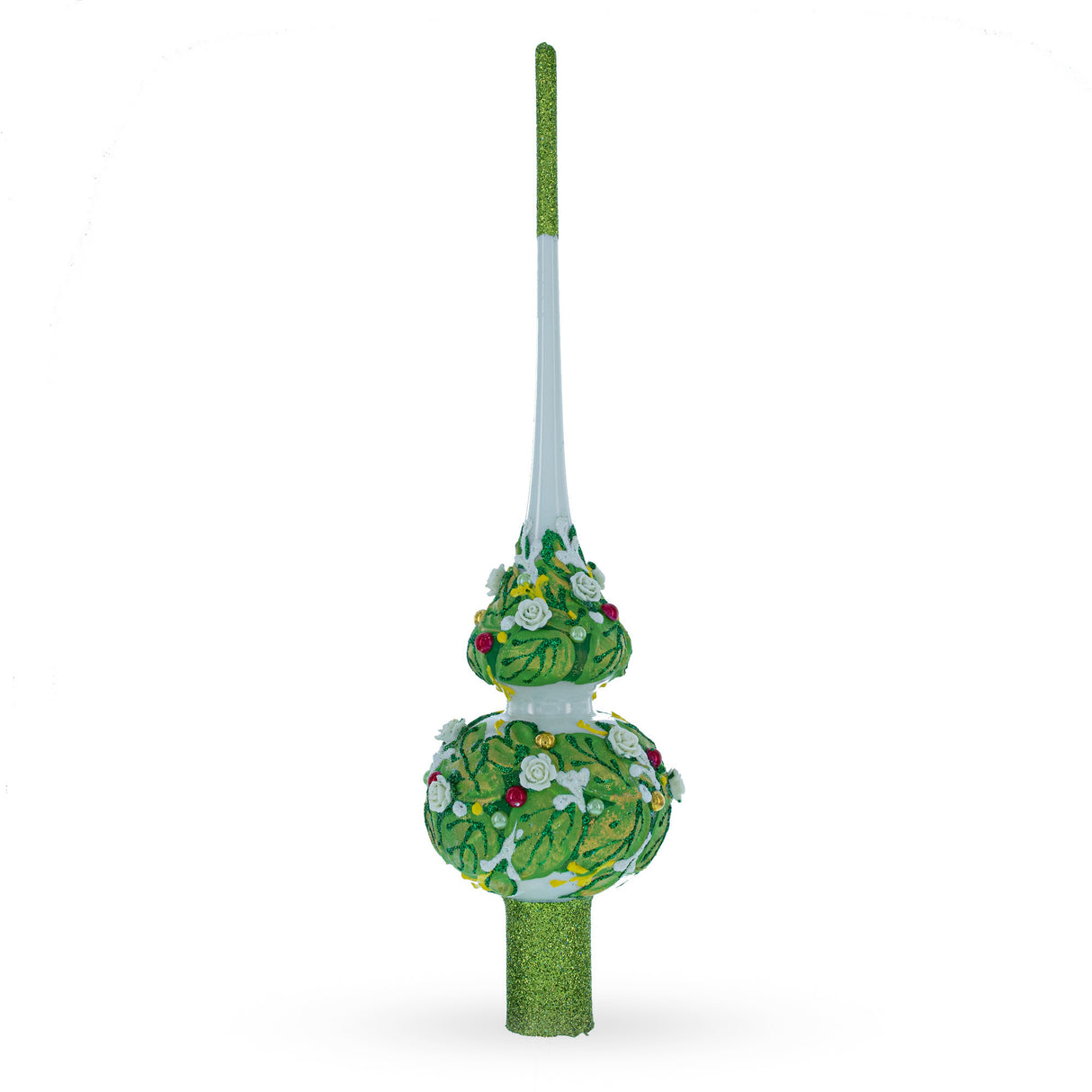 Dimensional White Roses on Green Leaves Artisan Hand Crafted Mouth Blown Glass Christmas Tree Topper 11 Inches in Green color, Triangle shape