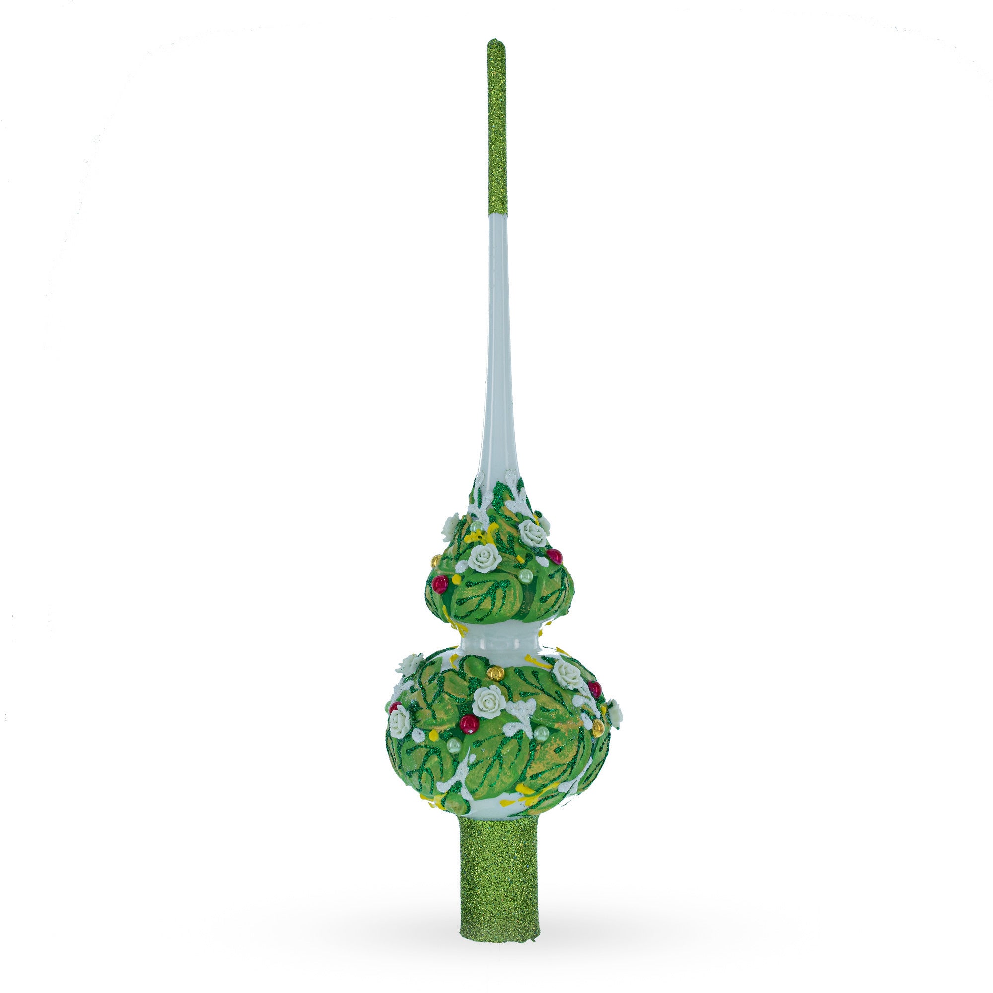 Dimensional White Roses on Green Leaves Mouth Blown Glass Christmas Tree Topper 11 Inches in Green color Triangle