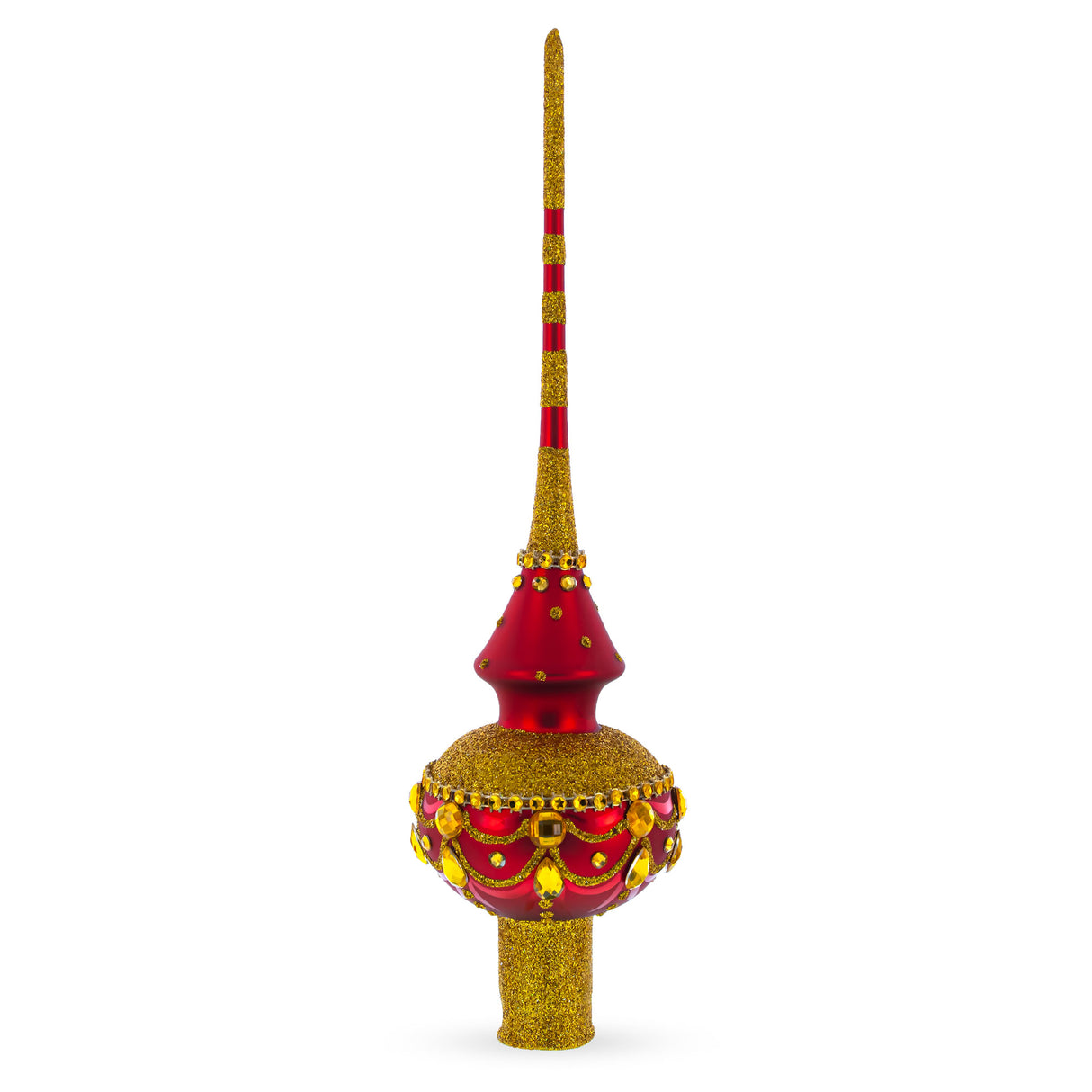 Dimensional Golden Jewels on Red Artisan Hand Crafted Mouth Blown Glass Christmas Tree Topper 11 Inches in Gold color, Triangle shape