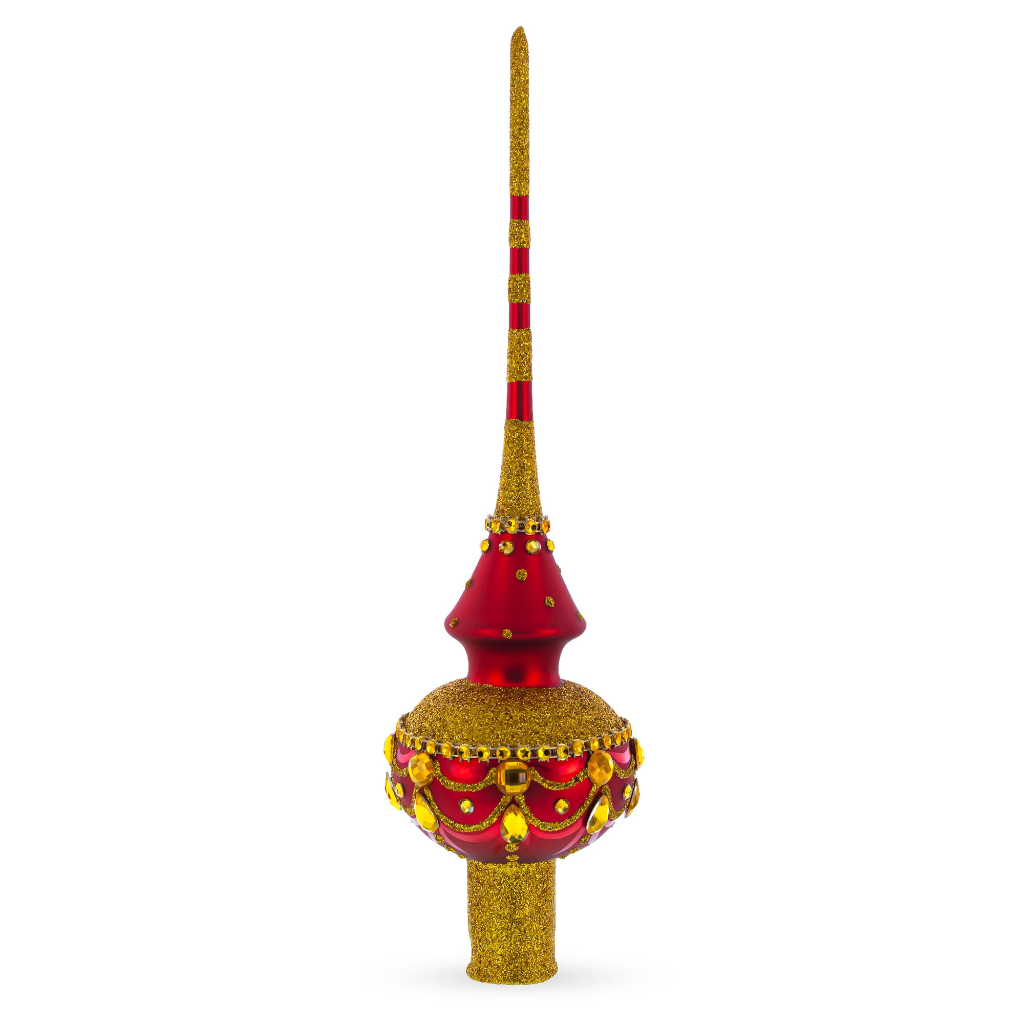 Dimensional Golden Jewels on Red Glass Christmas Tree Topper 11 Inches in Gold color Triangle