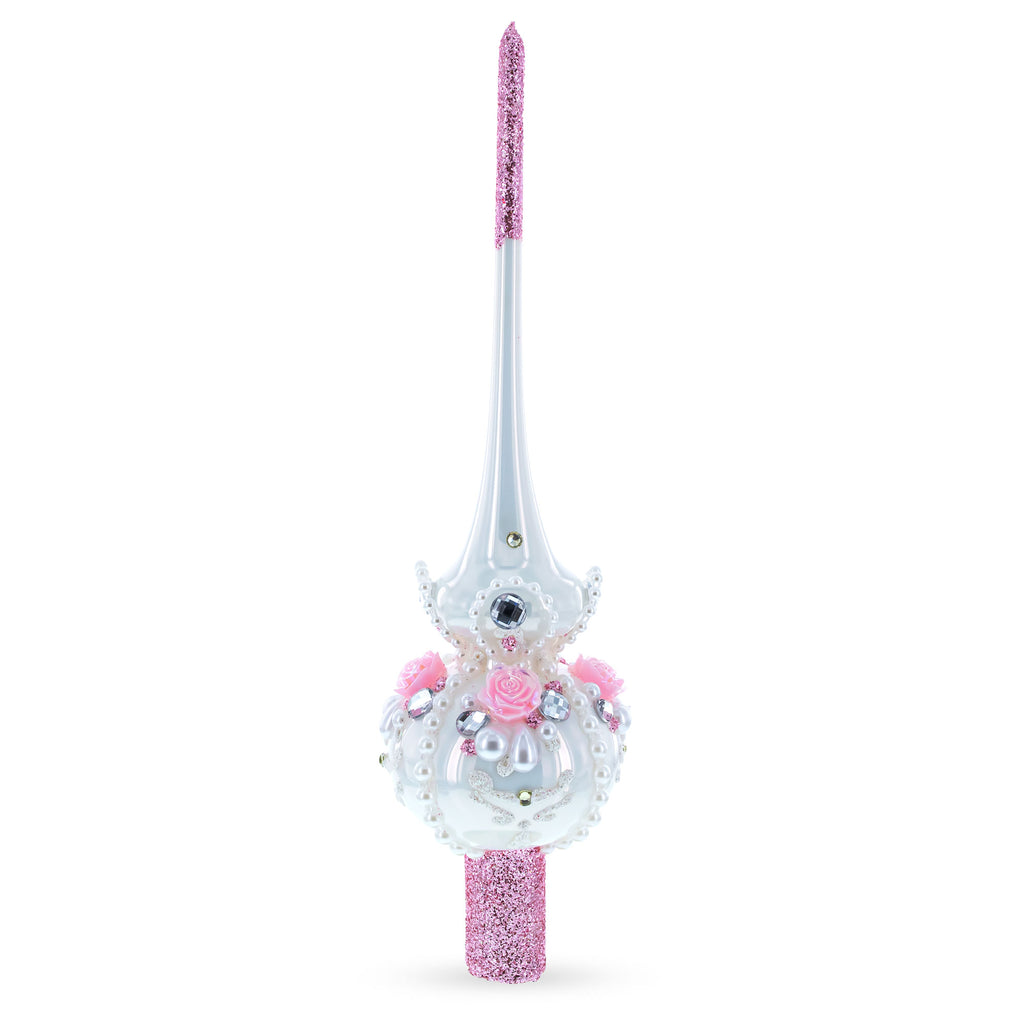 Dimensional Roses on Champagne Glass Christmas Tree Topper 11 Inches in White color Triangle