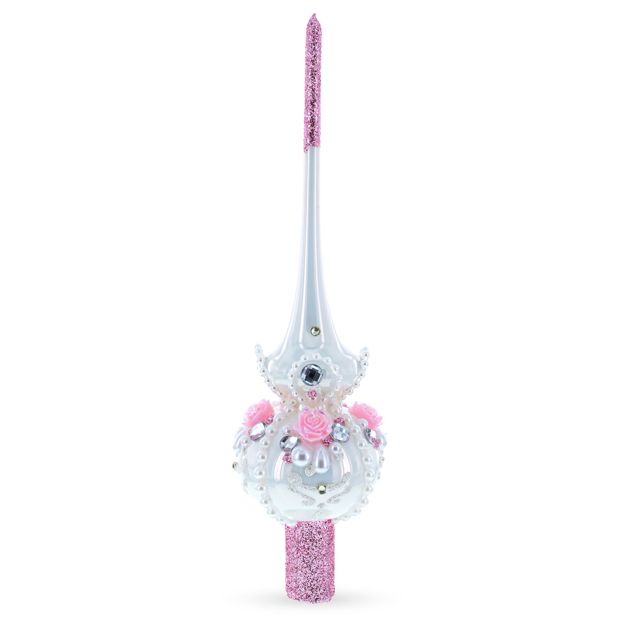 Dimensional Roses on Champagne Glass Christmas Tree Topper 11 Inches in White color Triangle