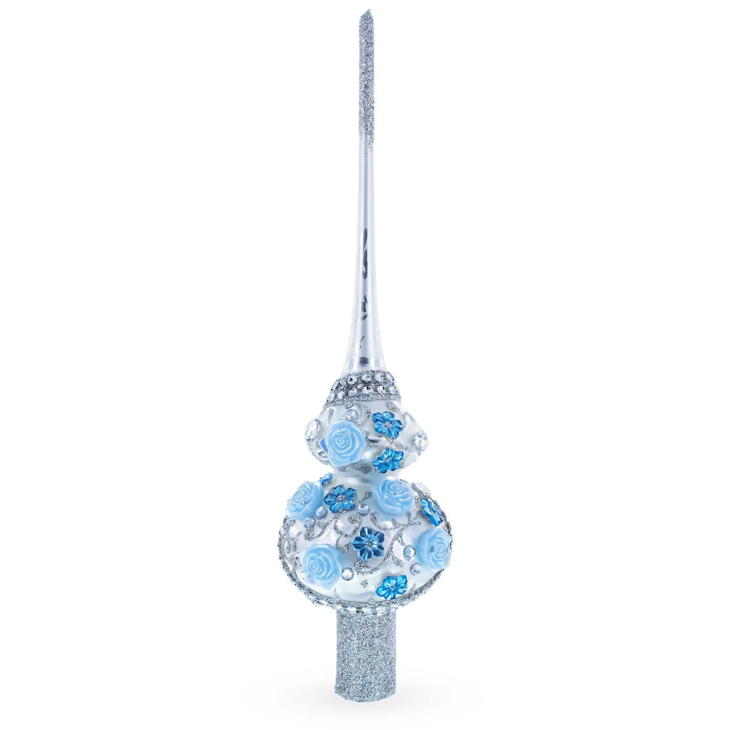 Dimensional Blue Roses and Flowers on Silver Glass Christmas Tree Topper 11 Inches in White color Triangle