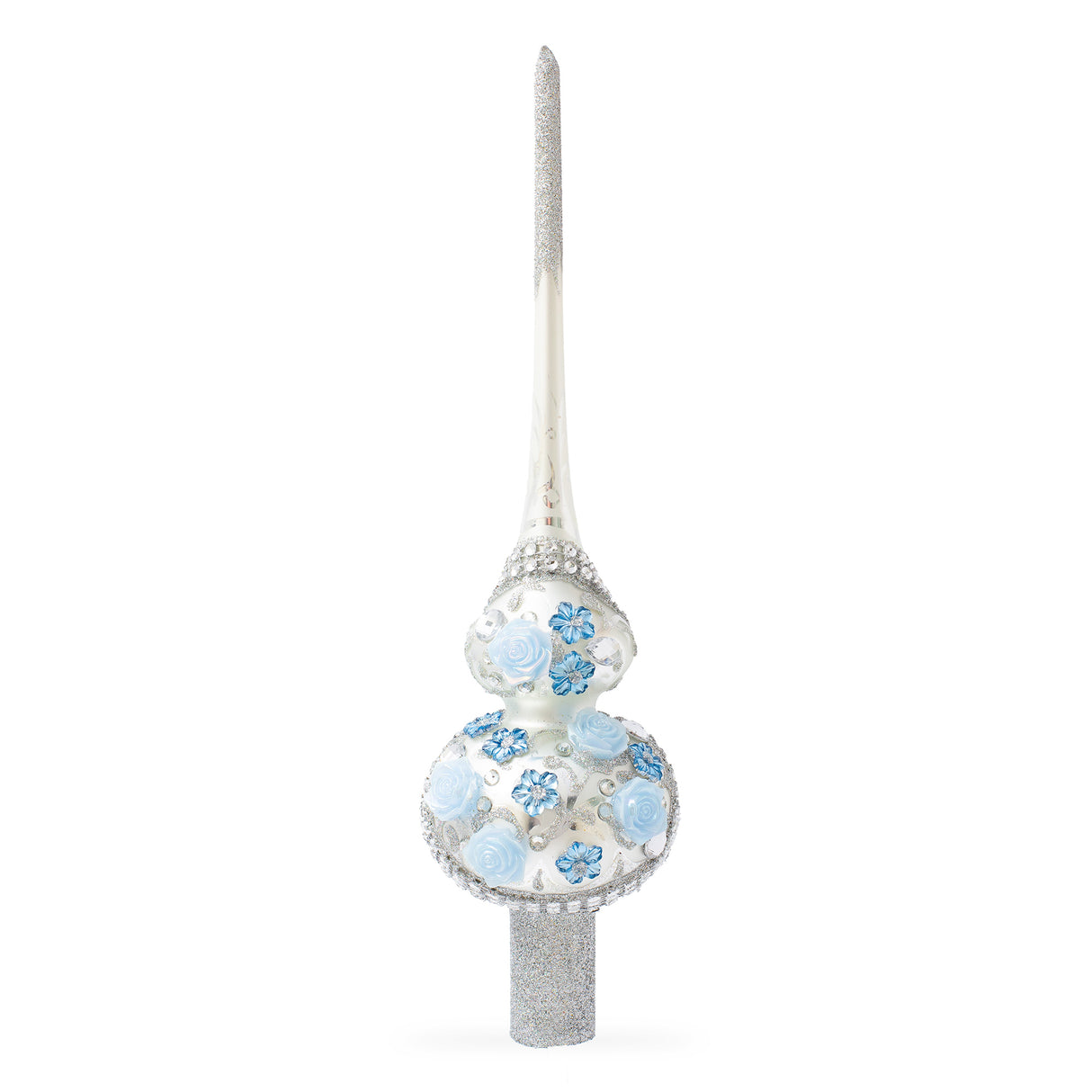 Dimensional Blue Roses and Flowers on Silver Artisan Hand Crafted Mouth Blown Glass Christmas Tree Topper 11 Inches in White color, Triangle shape