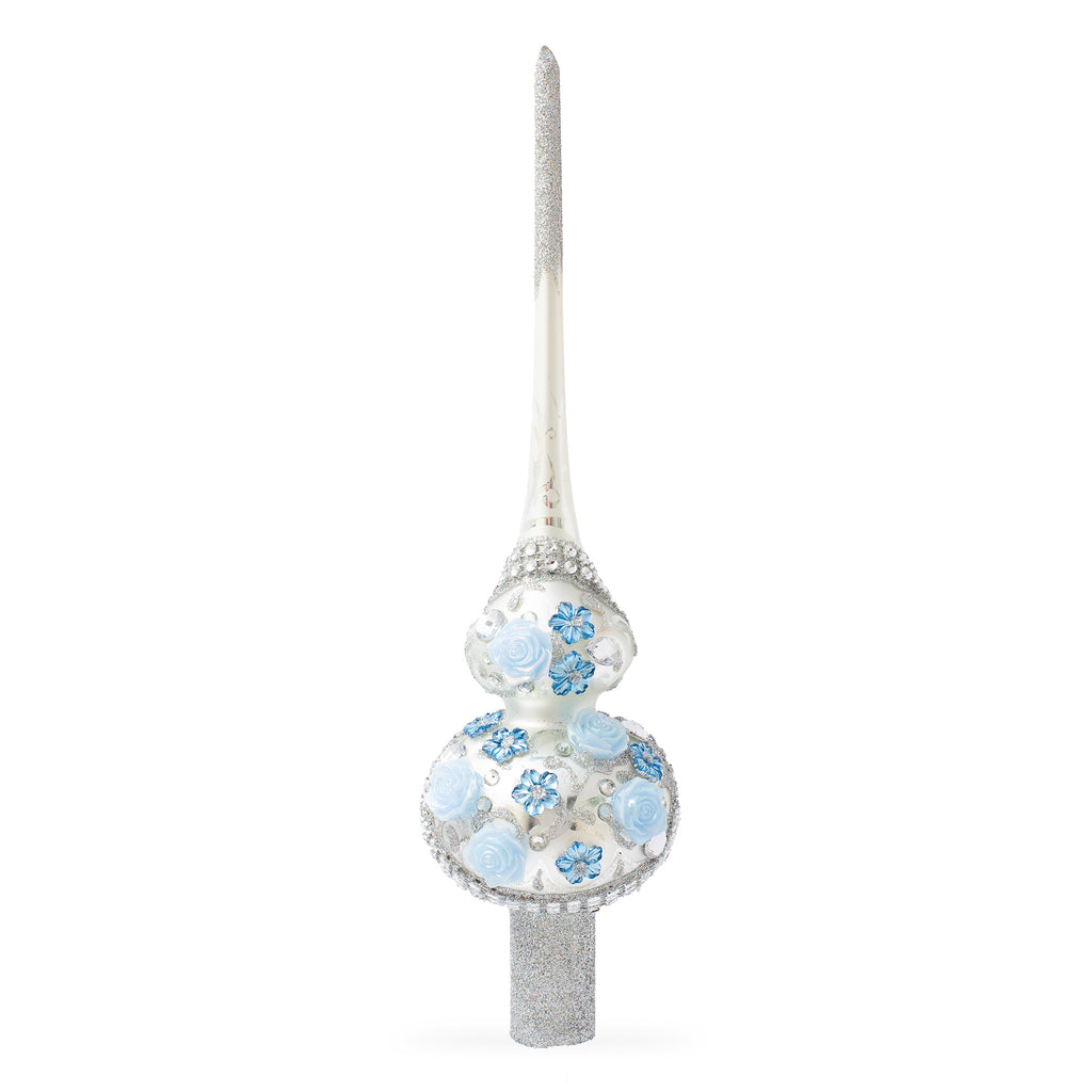 Dimensional Blue Roses and Flowers on Silver Artisan Hand Crafted Mouth Blown Glass Christmas Tree Topper 11 Inches in White color, Triangle shape