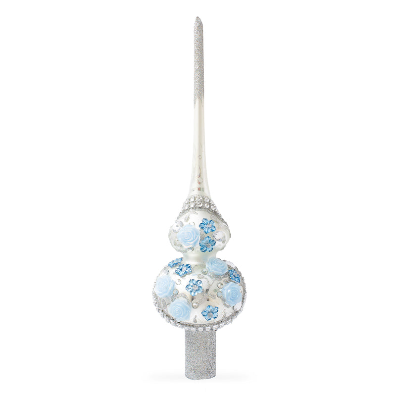 Dimensional Blue Roses and Flowers on Silver Artisan Hand Crafted Mouth Blown Glass Christmas Tree Topper 11 Inches in White color, Triangle shape