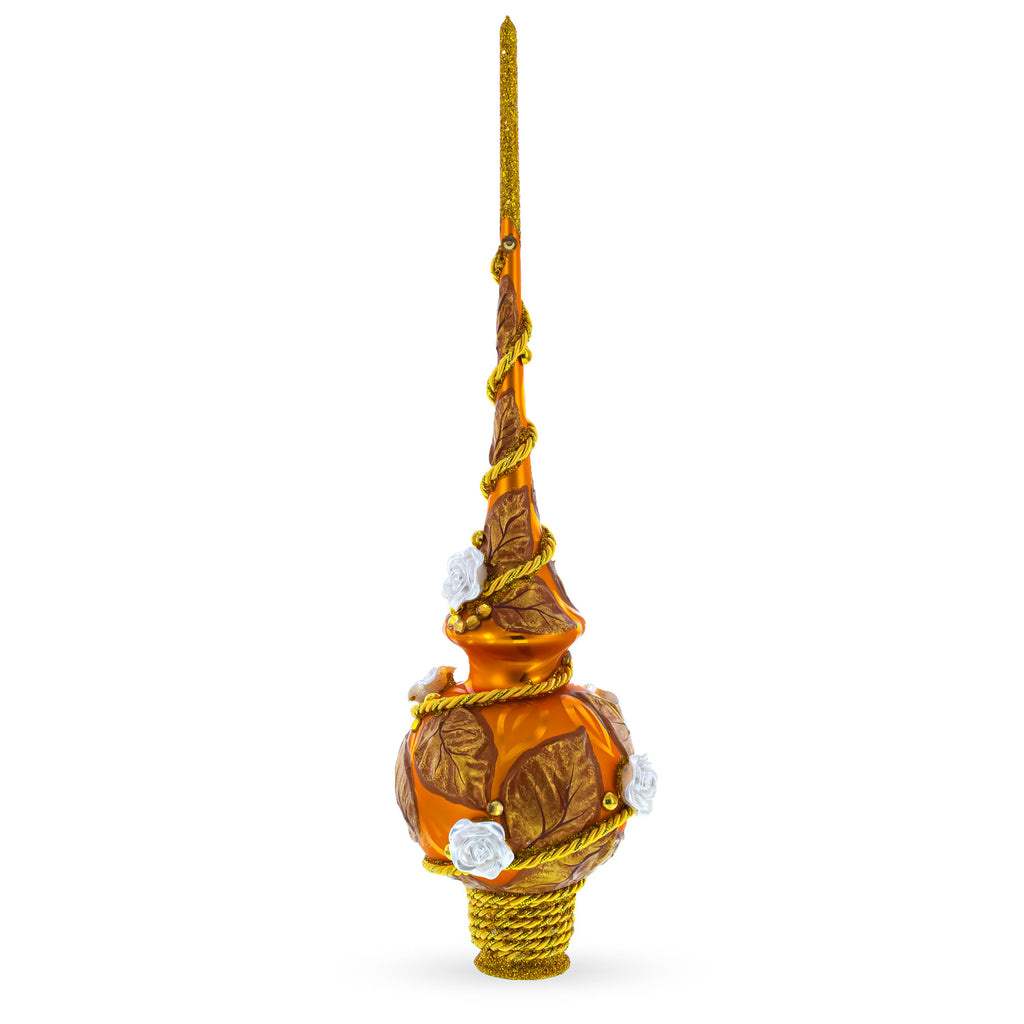 Dimensional White Roses with Golden Leaves on Gold Blown Glass Christmas Tree Topper 11 Inches in Gold color Triangle