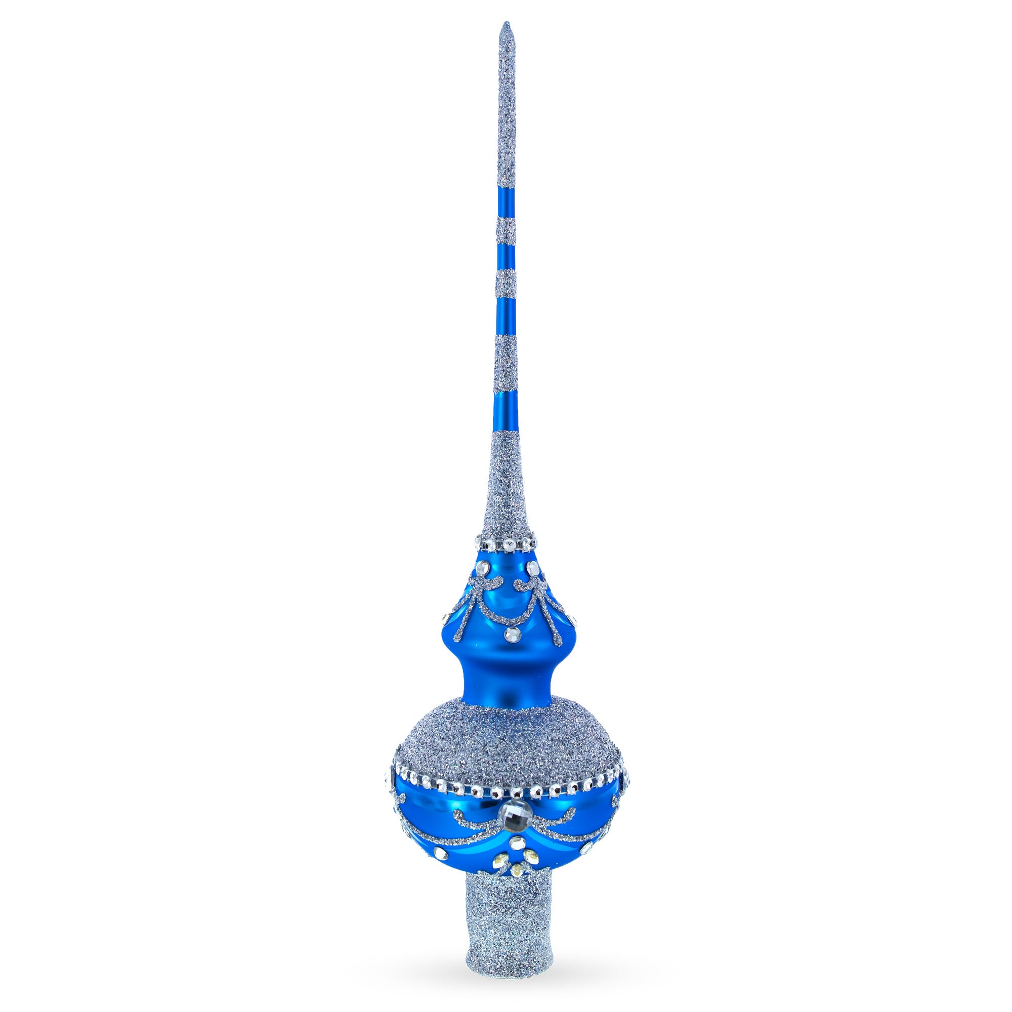 White Jewels and Silver on Blue Glass Christmas Tree Topper 11 Inches in Blue color Triangle