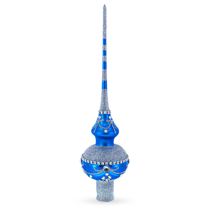 Dimensional White Jewels and Silver on Blue Blown Glass Christmas Tree Topper 11 Inches in Blue color Triangle