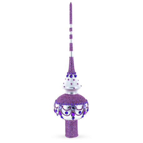 Dimensional Jeweled Purple Chandelier on White Artisan Hand Crafted Mouth Blown Glass Christmas Tree Topper 11 Inches in Purple color, Triangle shape