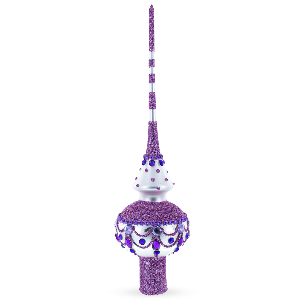 Jeweled Purple Chandelier on White Glass Christmas Tree Topper 11 Inches in Purple color Triangle