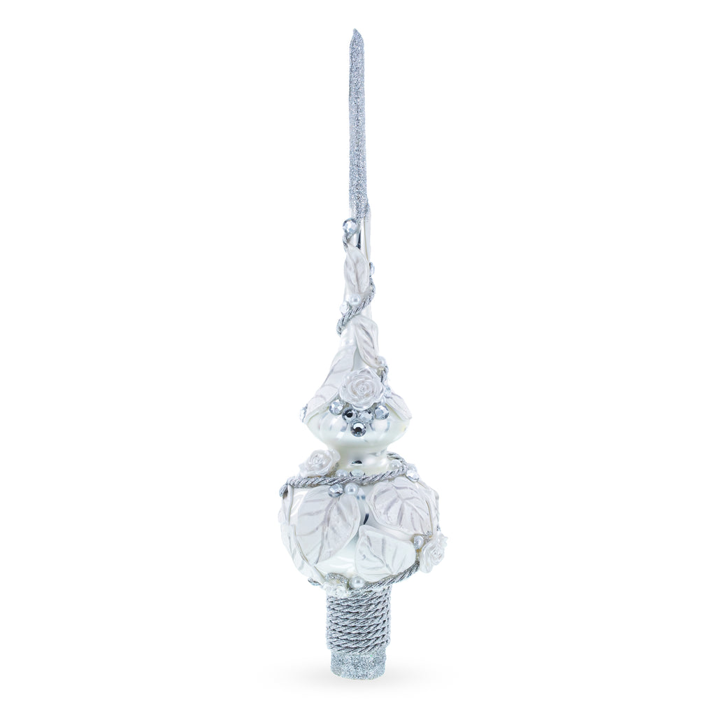 Dimensional White Roses with Leaves on White Blown Glass Christmas Tree Topper 11 Inches in White color Triangle