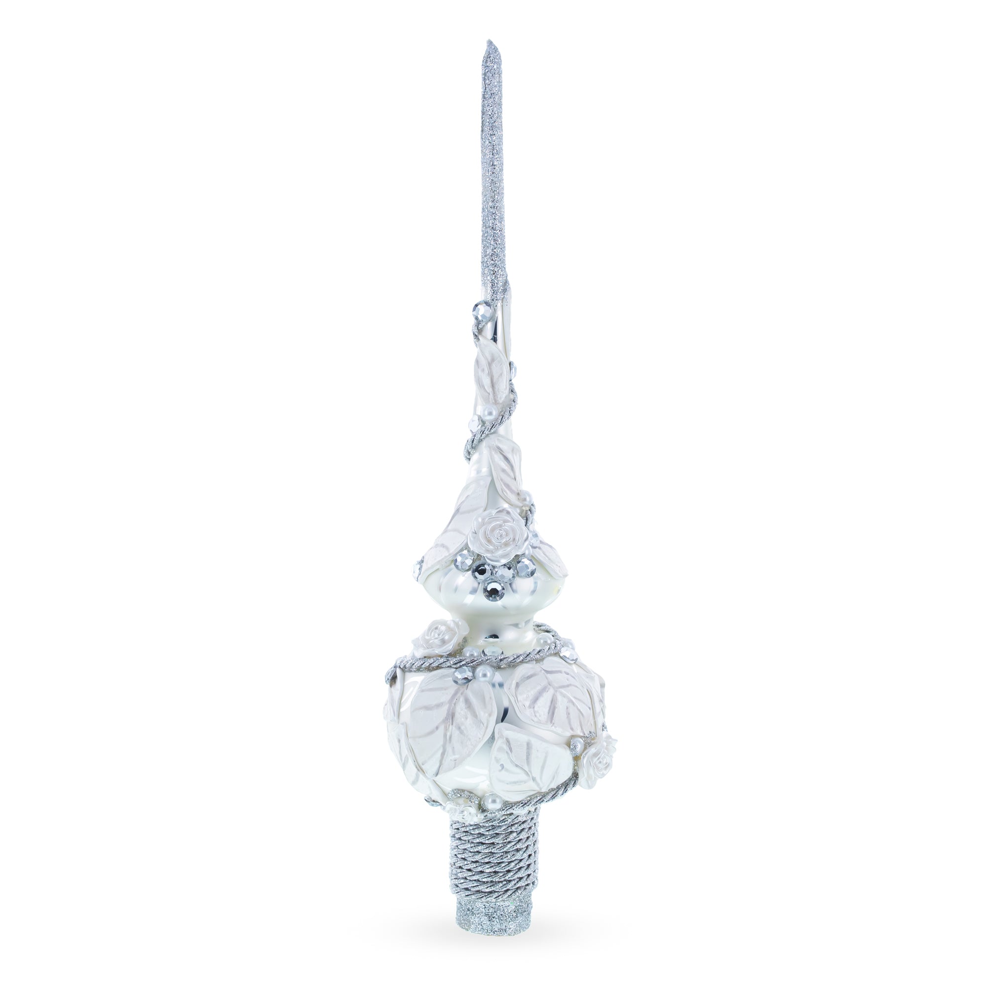 Dimensional White Roses with Leaves on White Blown Glass Christmas Tree Topper 11 Inches in White color Triangle