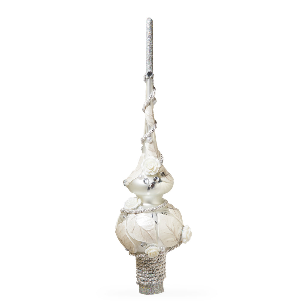 Glass Dimensional White Roses with Leaves on White Artisan Hand Crafted Mouth Blown Glass Christmas Tree Topper 11 Inches in White color Triangle
