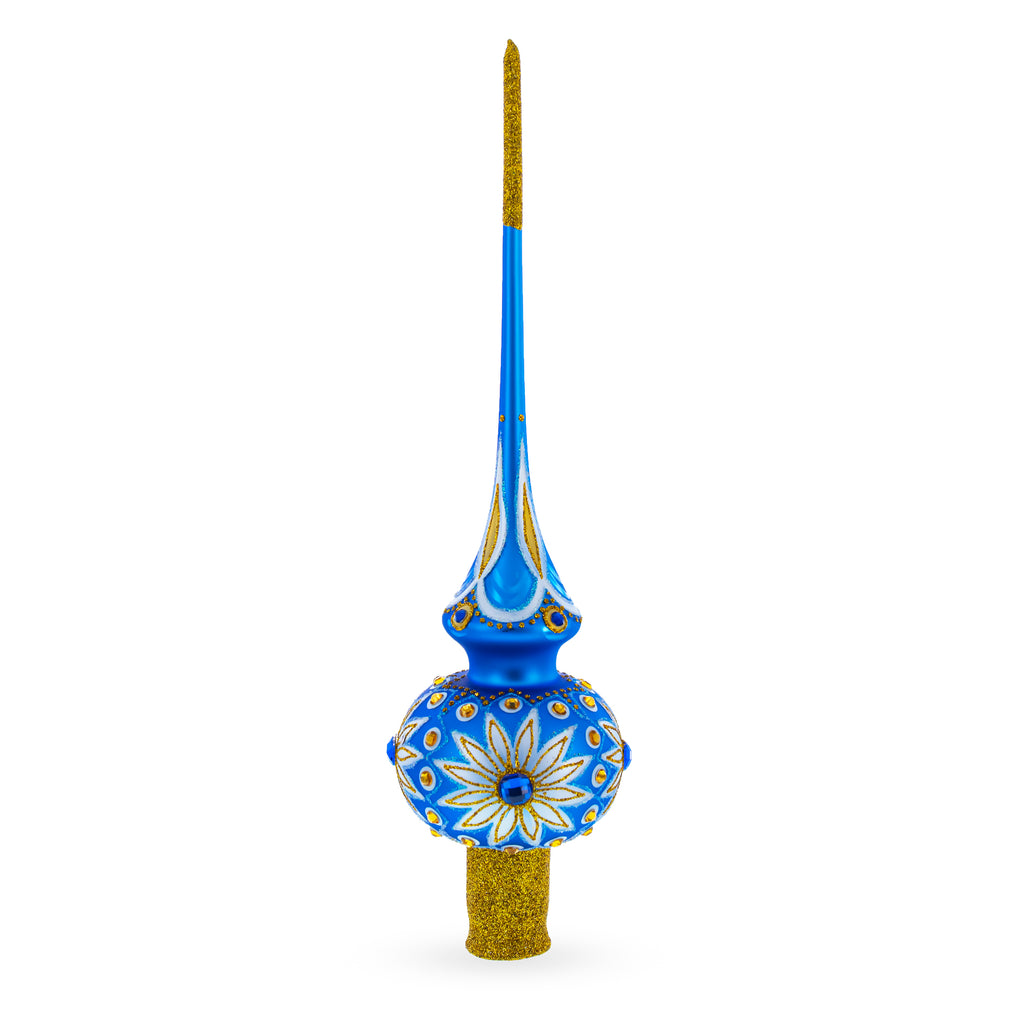 White Daisies on Blue Mouth Blown Glass Christmas Tree Topper 11 Inches in Blue color Triangle