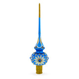 White Daisies on Blue Mouth Blown Glass Christmas Tree Topper 11 Inches in Blue color Triangle