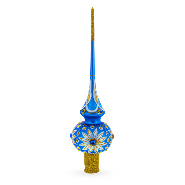 White Daisies on Blue Mouth Blown Glass Christmas Tree Topper 11 Inches in Blue color Triangle