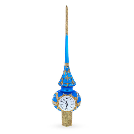 White Dial Clock on Blue and Gold Blown Glass Christmas Tree Topper 11 Inches in Blue color Triangle