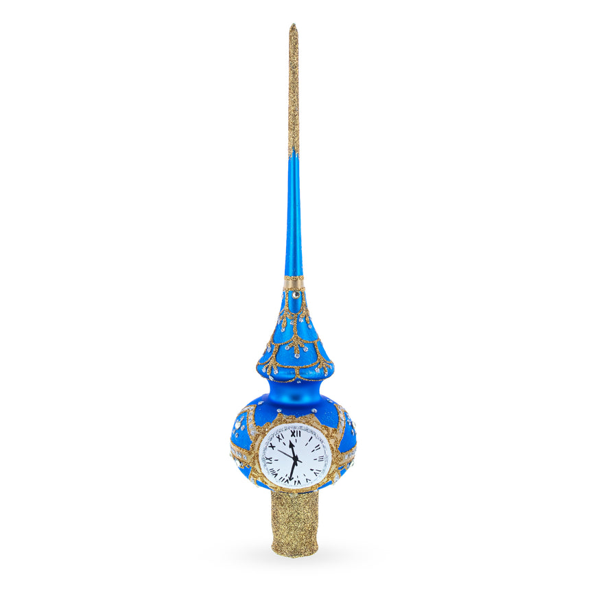 White Dial Clock on Blue and Gold Blown Glass Christmas Tree Topper 11 Inches in Blue color Triangle