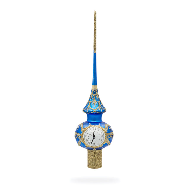 White Dial Clock on Blue and Gold Artisan Hand Crafted Mouth Blown Glass Christmas Tree Topper 11 Inches in Blue color, Triangle shape