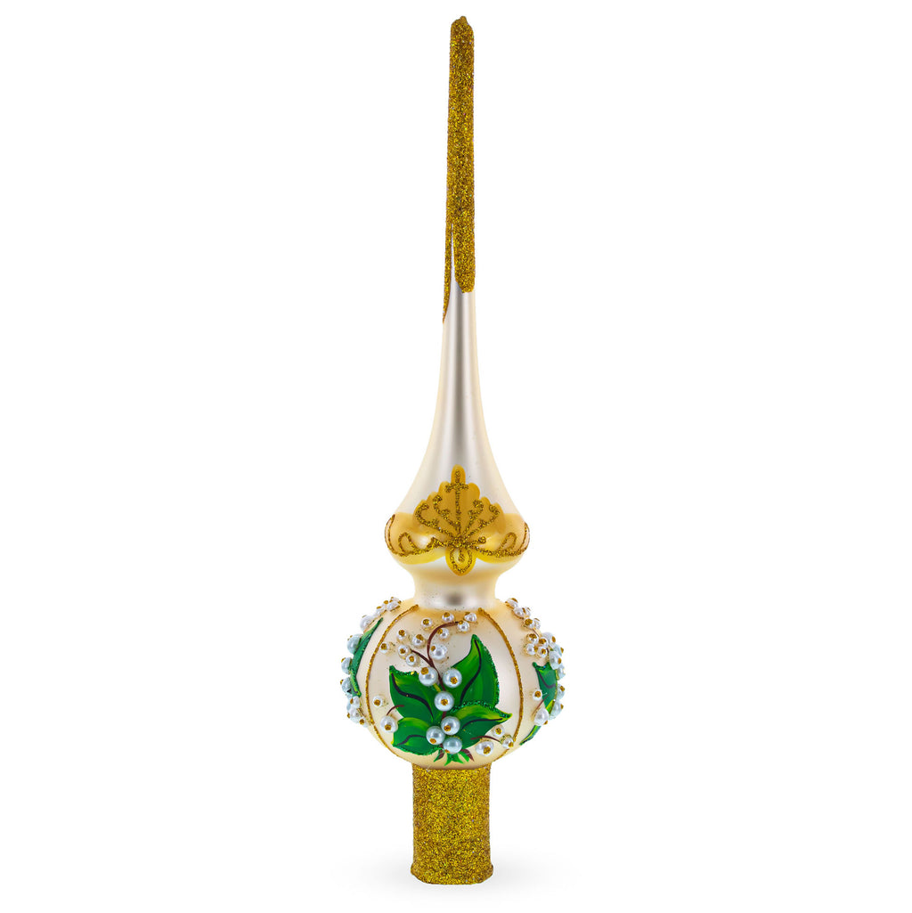 Lily of the Valley Flowers on Beige Mouth Blown Glass Christmas Tree Topper 11 Inches in Multi color Triangle