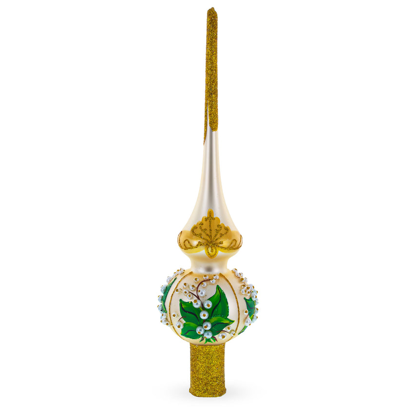 Lily of the Valley Flowers on Beige Mouth Blown Glass Christmas Tree Topper 11 Inches in Multi color Triangle