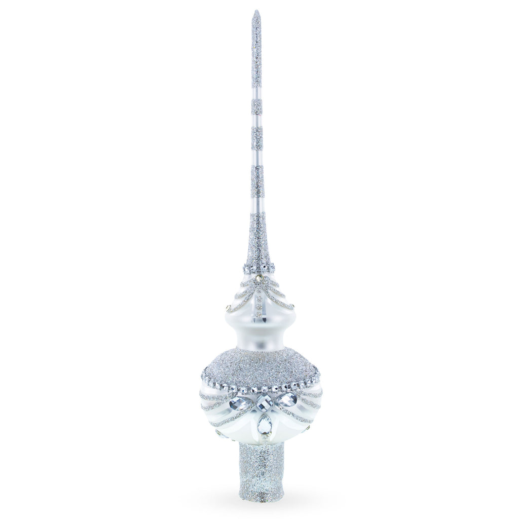 Dimensional White Jewels on White Glass Christmas Tree Topper 11 Inches in Silver color Triangle