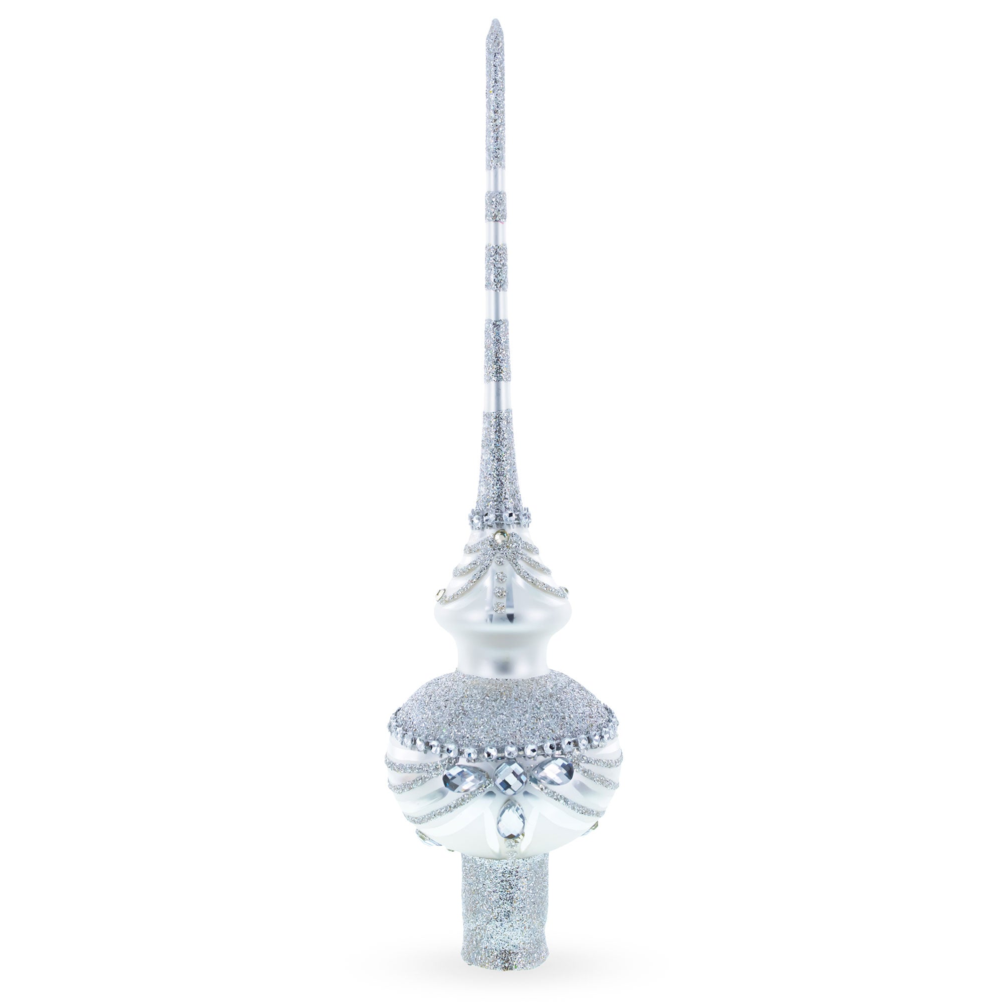 Dimensional White Jewels on White Glass Christmas Tree Topper 11 Inches in Silver color Triangle