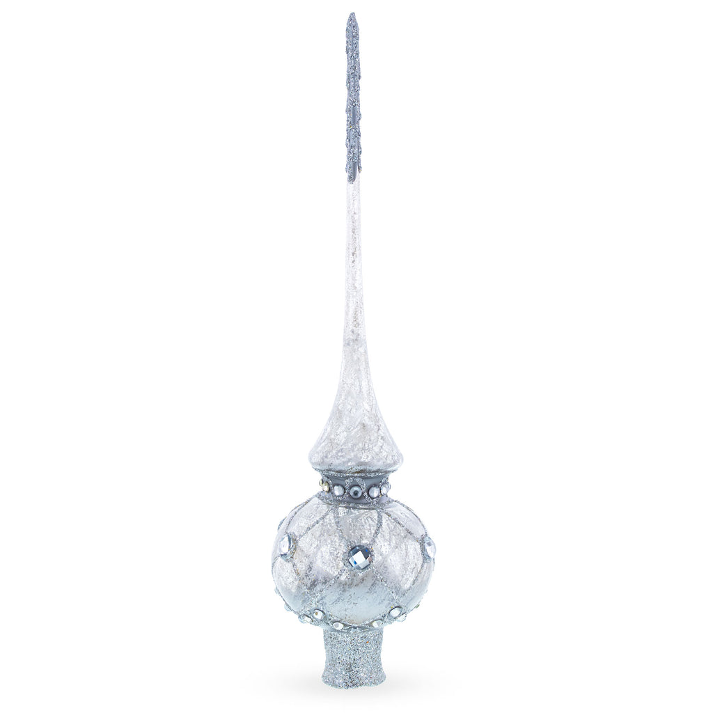 Dimensional White Jewels on Speckled Silver Mouth Blown Glass Christmas Tree Topper 11 Inches in Silver color Triangle