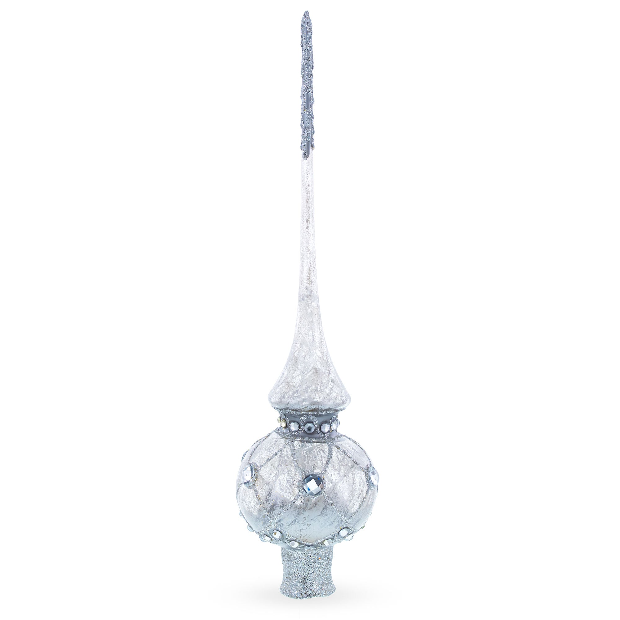 Dimensional White Jewels on Speckled Silver Mouth Blown Glass Christmas Tree Topper 11 Inches in Silver color Triangle