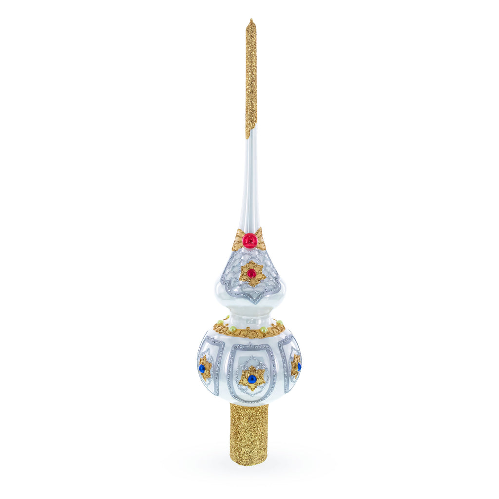 Dimensional Blue and Red Jewels on Silver Mouth Blown Glass Christmas Tree Topper 11 Inches in Silver color Triangle