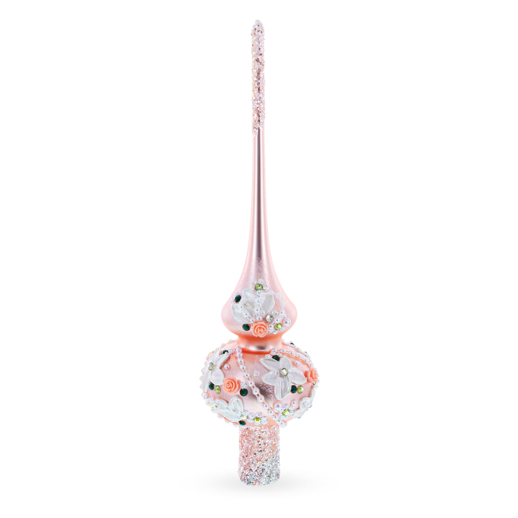 Dimensional Pink Flowers on Metallic Rose Pink Mouth Blown Glass Christmas Tree Topper 11 Inches in Multi color Triangle