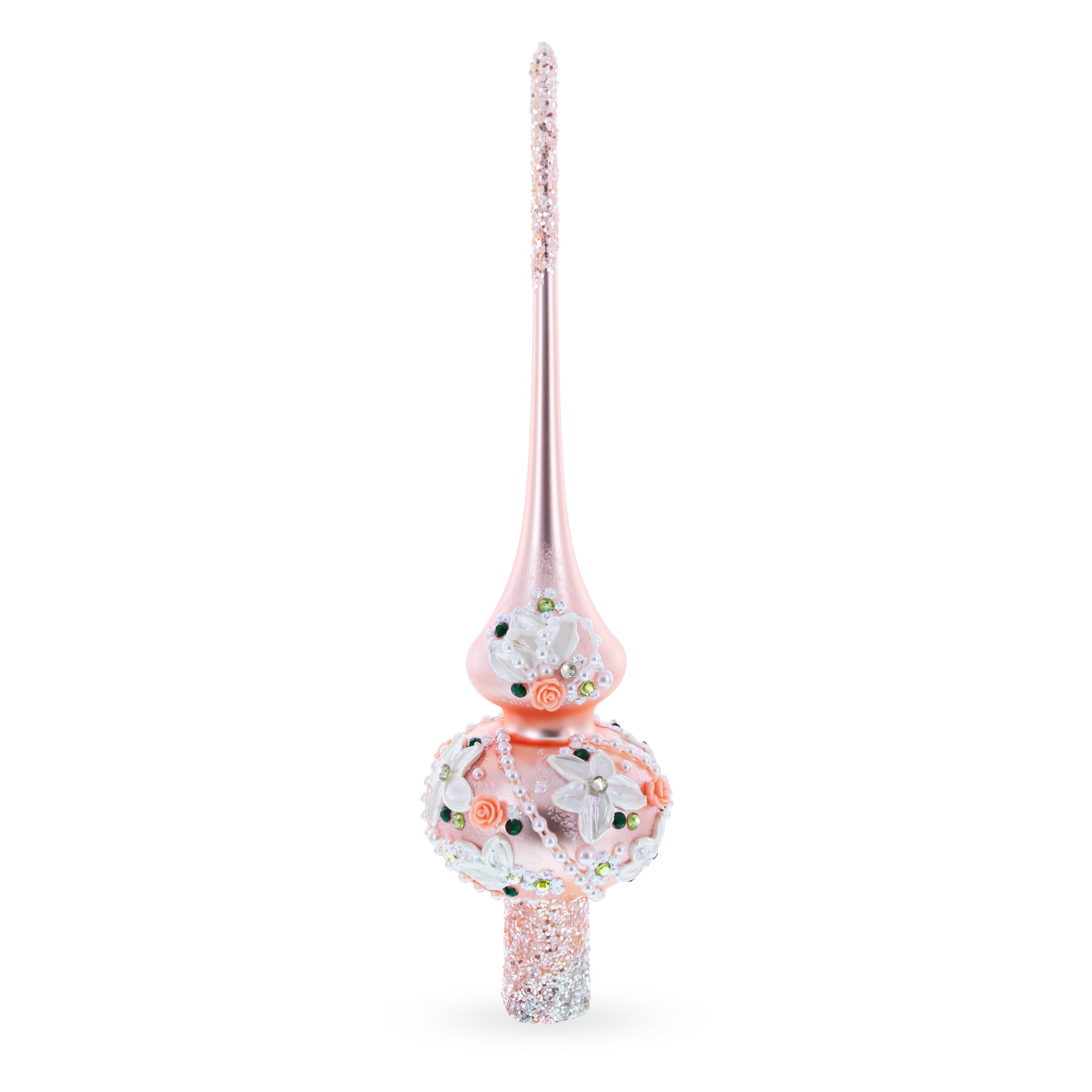 Dimensional Pink Flowers on Metallic Rose Pink Mouth Blown Glass Christmas Tree Topper 11 Inches in Multi color Triangle