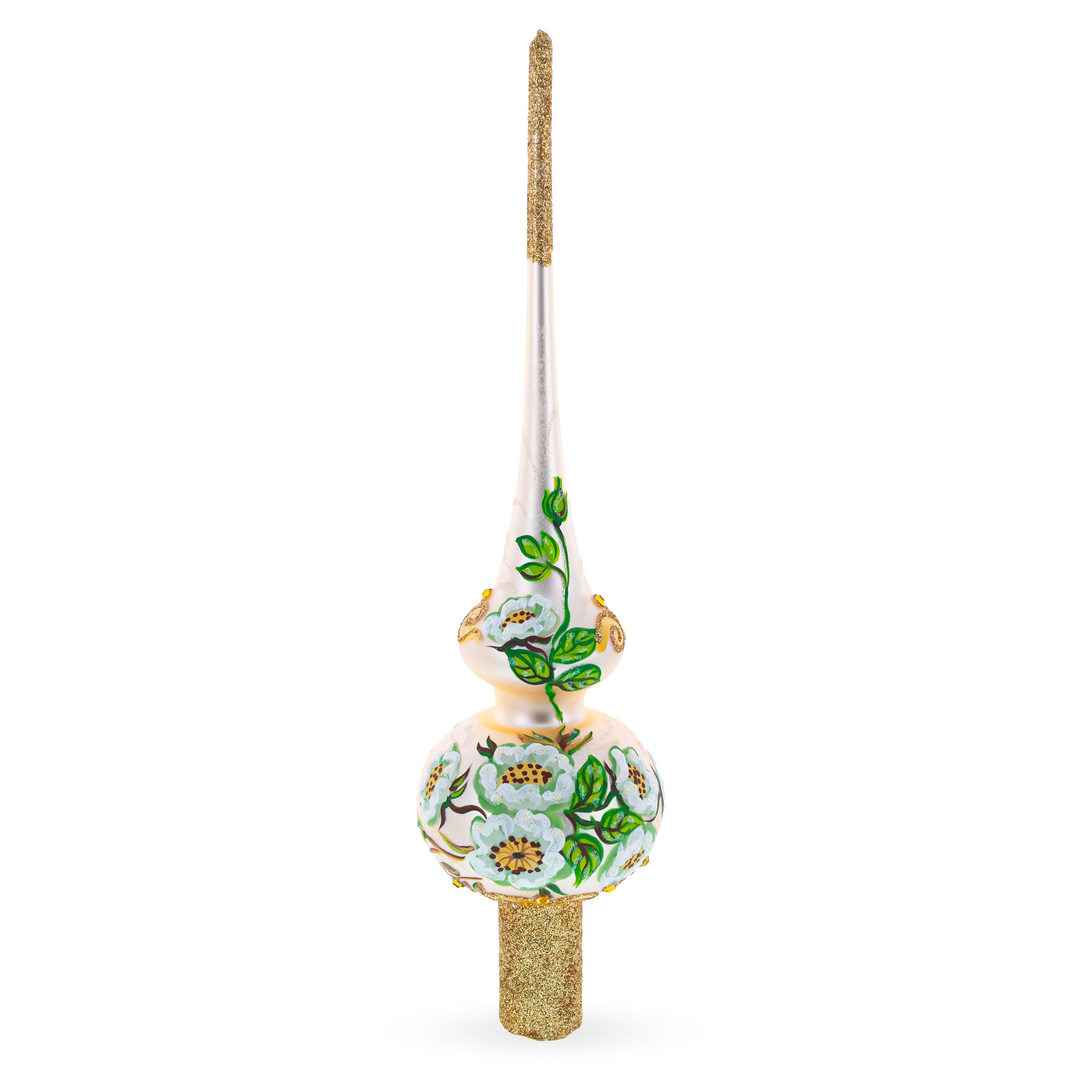 White Flowers Bouquet on Beige Mouth Blown Glass Christmas Tree Topper 11 Inches in Beige color Triangle