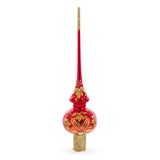 Golden Flowers Bouquet on Glossy Red Mouth Blown Glass Christmas Tree Topper 11 Inches in Red color Triangle