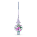 Pink Flowers Bouquet on Silver Glass Christmas Tree Topper 11 Inches in Silver color Triangle