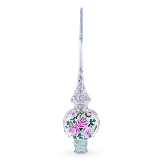 Pink Flowers Bouquet on Silver Mouth Blown Glass Christmas Tree Topper 11 Inches in Silver color Triangle