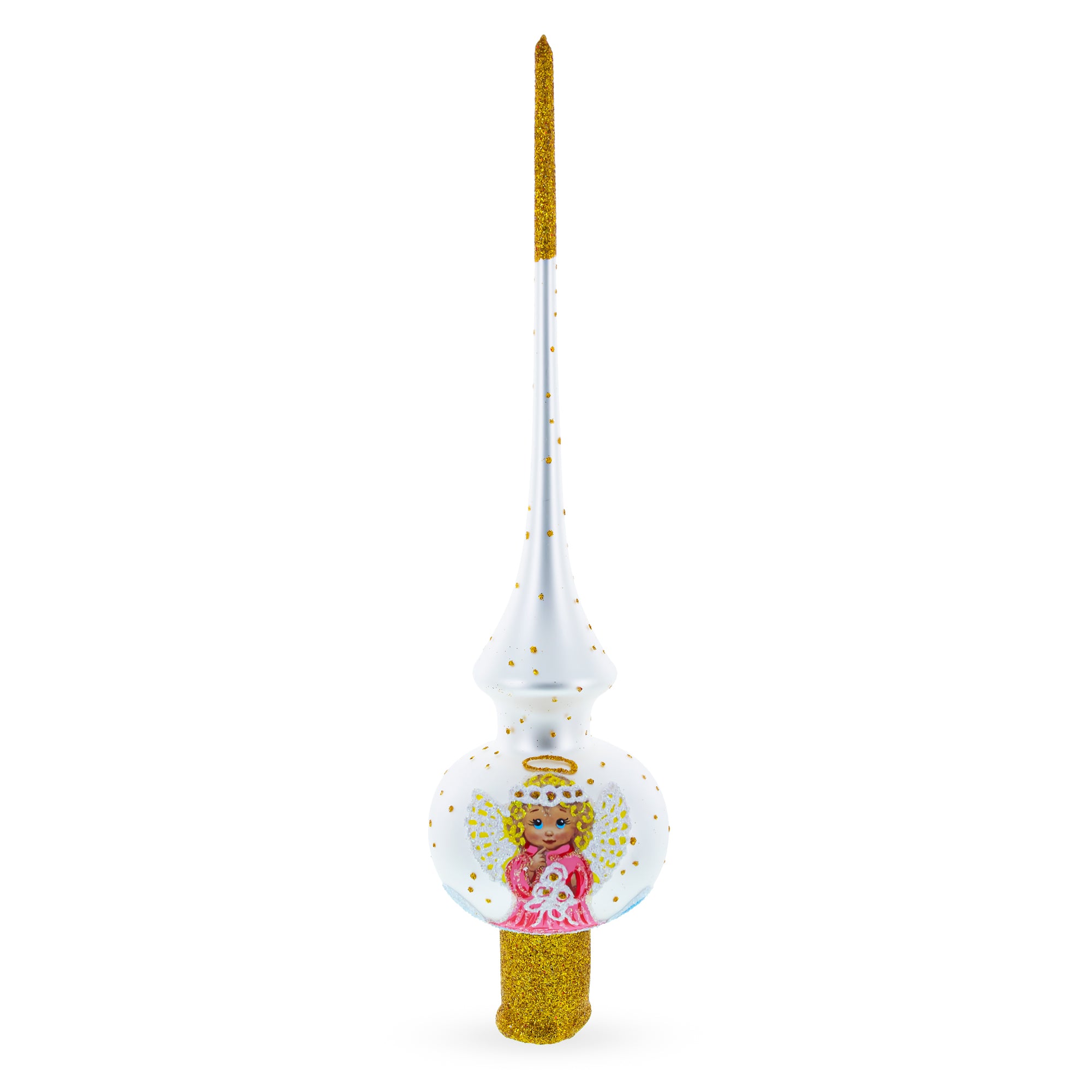 Angel on White Golden Flowers Bouquet Blown Glass Christmas Tree Topper 11 Inches in White color Triangle