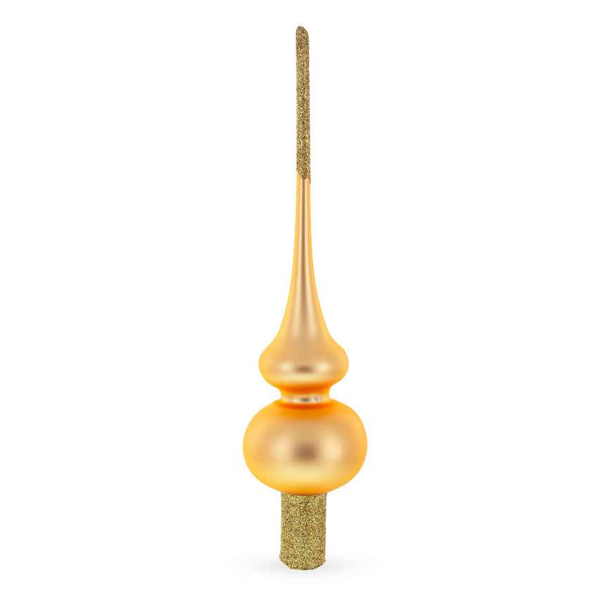 Solid Orange with Sparkling Top Mouth Blown Glass Christmas Tree Topper 11 Inches in Gold color Triangle