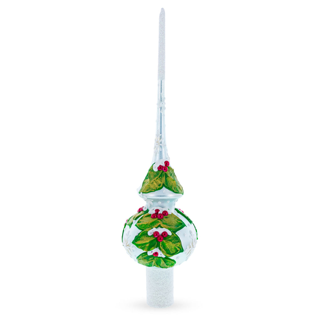Dimensional Red Berries with Leaves on White Blown Glass Christmas Tree Topper 11 Inches in White color Triangle