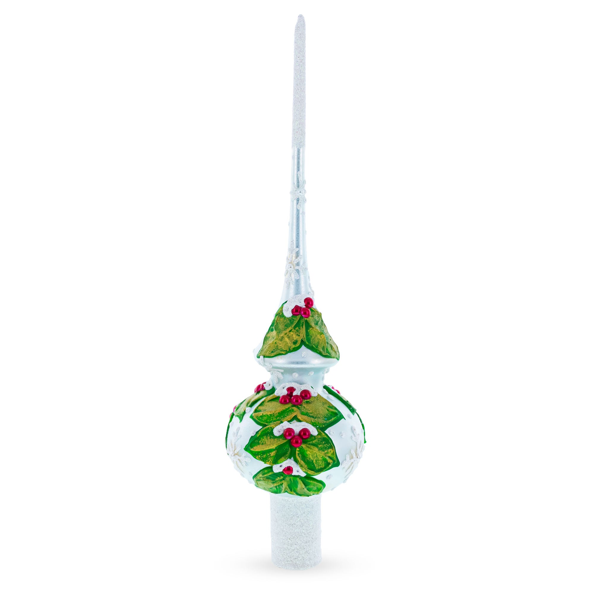 Dimensional Red Berries with Leaves on White Blown Glass Christmas Tree Topper 11 Inches in White color Triangle