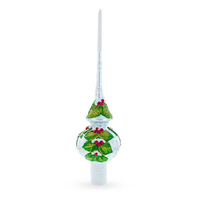 Dimensional Red Berries with Leaves on White Blown Glass Christmas Tree Topper 11 Inches in White color Triangle