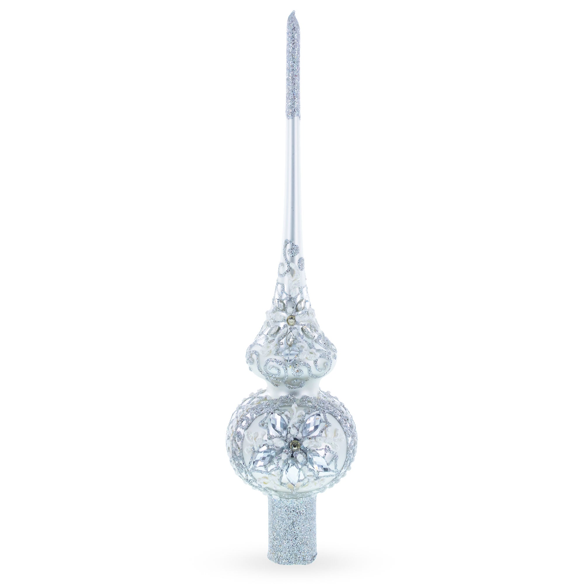 Dimensional White Jewels Star on Glossy Silver Mouth Blown Glass Christmas Tree Topper 11 Inches in Silver color Triangle