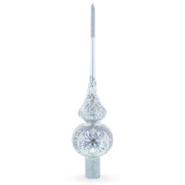Dimensional White Jewels Star on Glossy Silver Mouth Blown Glass Christmas Tree Topper 11 Inches in Silver color Triangle