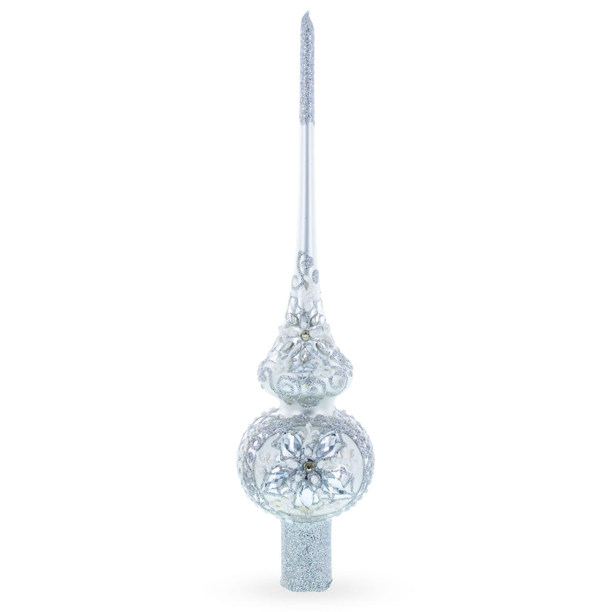 Dimensional White Jewels Star on Glossy Silver Mouth Blown Glass Christmas Tree Topper 11 Inches in Silver color Triangle